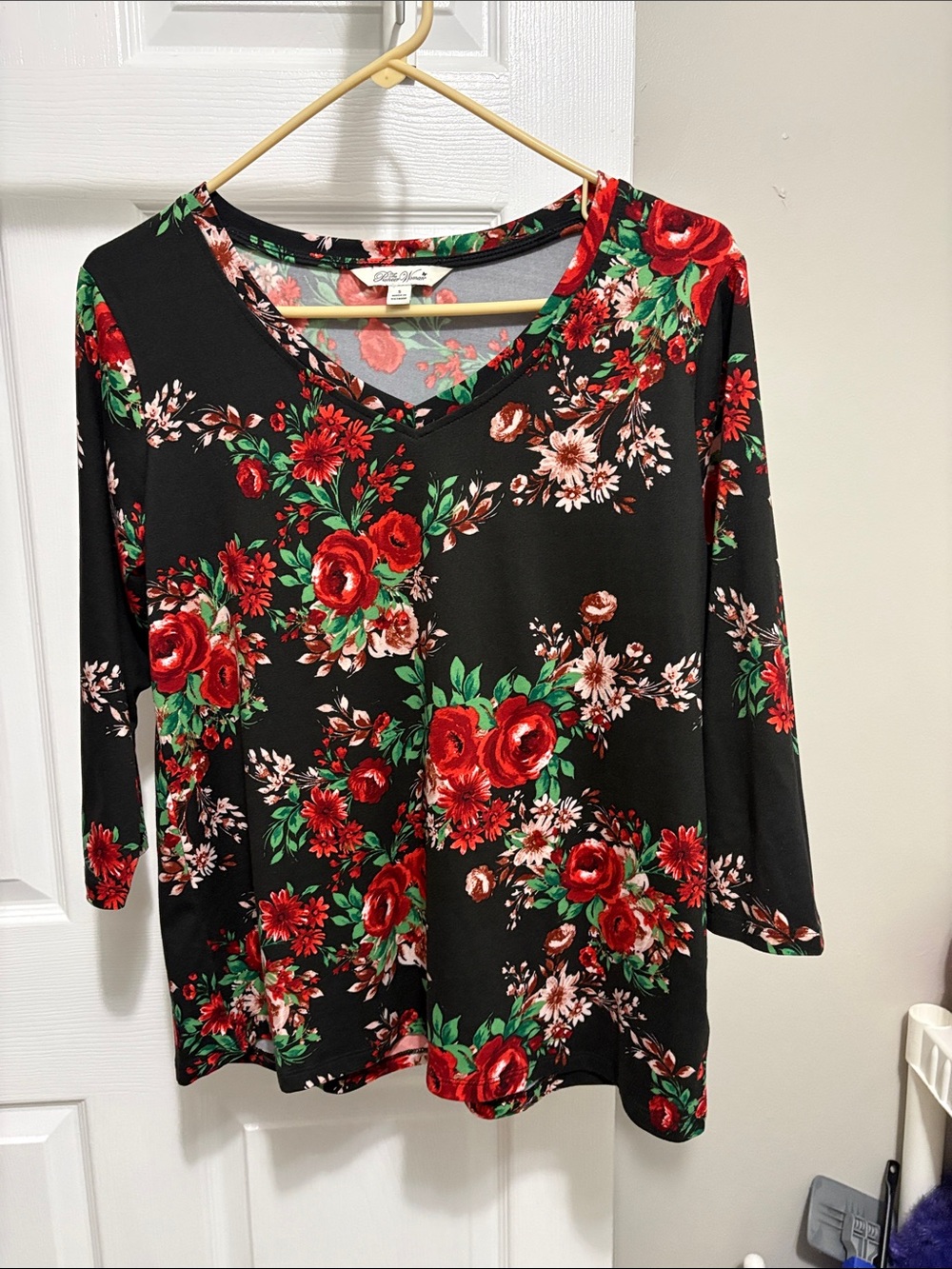 The Pioneer Woman Black Floral V-Neck Long Sleeve Top with Red and Green Blooms